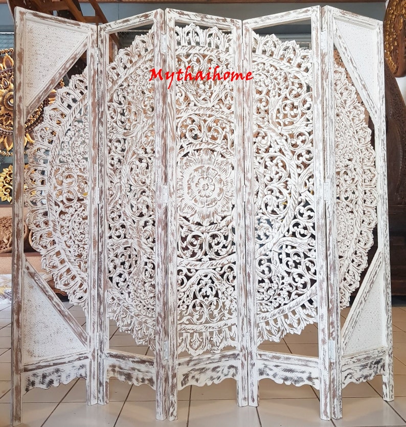 Boho Room Divider Mandala Carved Wood Wall Art Folding Screen Etsy