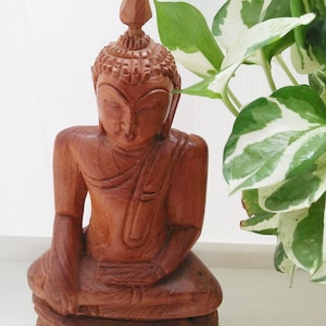 Rare Medium Meditating Buddha Statue Teak Wooden Wood Hand Carved Handmade Sitting Figure Sculpture Zen Art Figurine Buddhism Thai Thailand
