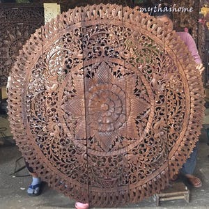 Round Queen Bed Headboard 59&quot; 5ft Sculpture Lotus Flower Mandala Wooden Craved Carving Teak Wood Art Panel Wall Home Decor Thai Thailand