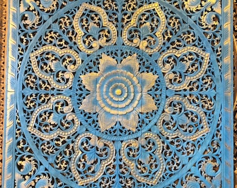 Blue Gold Mandala Headboard Queen, Lotus Wood Carved Wood Panel 150 Cm, Teak Wood Carve Wooden Square Panel, Thai Wood Carving Moroccan 60"