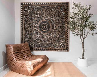 Mandala träsnideripaneler, stor väggkonst hängande träväggdekor, handgjord sänggavel i teakträ i svart tvätt, 60", rustik thailändsk träkonst 150