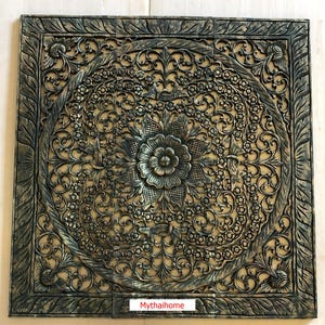 Mandala Wood Wall Hanging 90cm Panel Natural Black Wash Wood Carving Wall Plaque Hand Carved Teak Wall Mounted Art Decorative Asian Thai 36&quot;