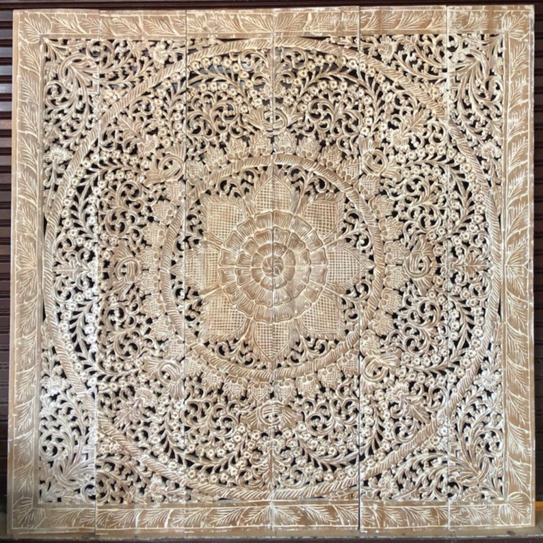 Large Wood Wall Art King Size Bed Sculpture Bohemian Headboard Decorative Flower Mandala Wooden Hand Craved Teak Panels White Washed Decor