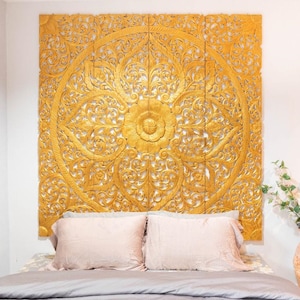 Gold Mandala Wood Headboard King 72&quot;,Wall Mounted Teak Headboard King, Asia Bohemian Hand Carved Headboard 180cm,Balinese Headboard Wall Art