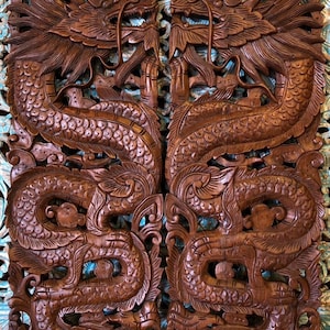 Pair Dragon Wood Carving Wall Art Hanging Teak Natural Wood Carved Panels Chinese Sculpture Wooden Wall Art Bed Headboard Twin Dragon Door