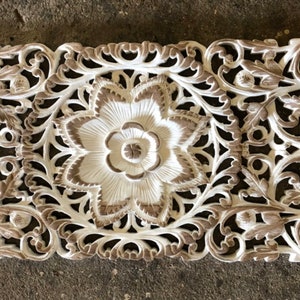 35.5" Brown White Floral Tropical Carved Wood Wall Art Panel Rustic ...