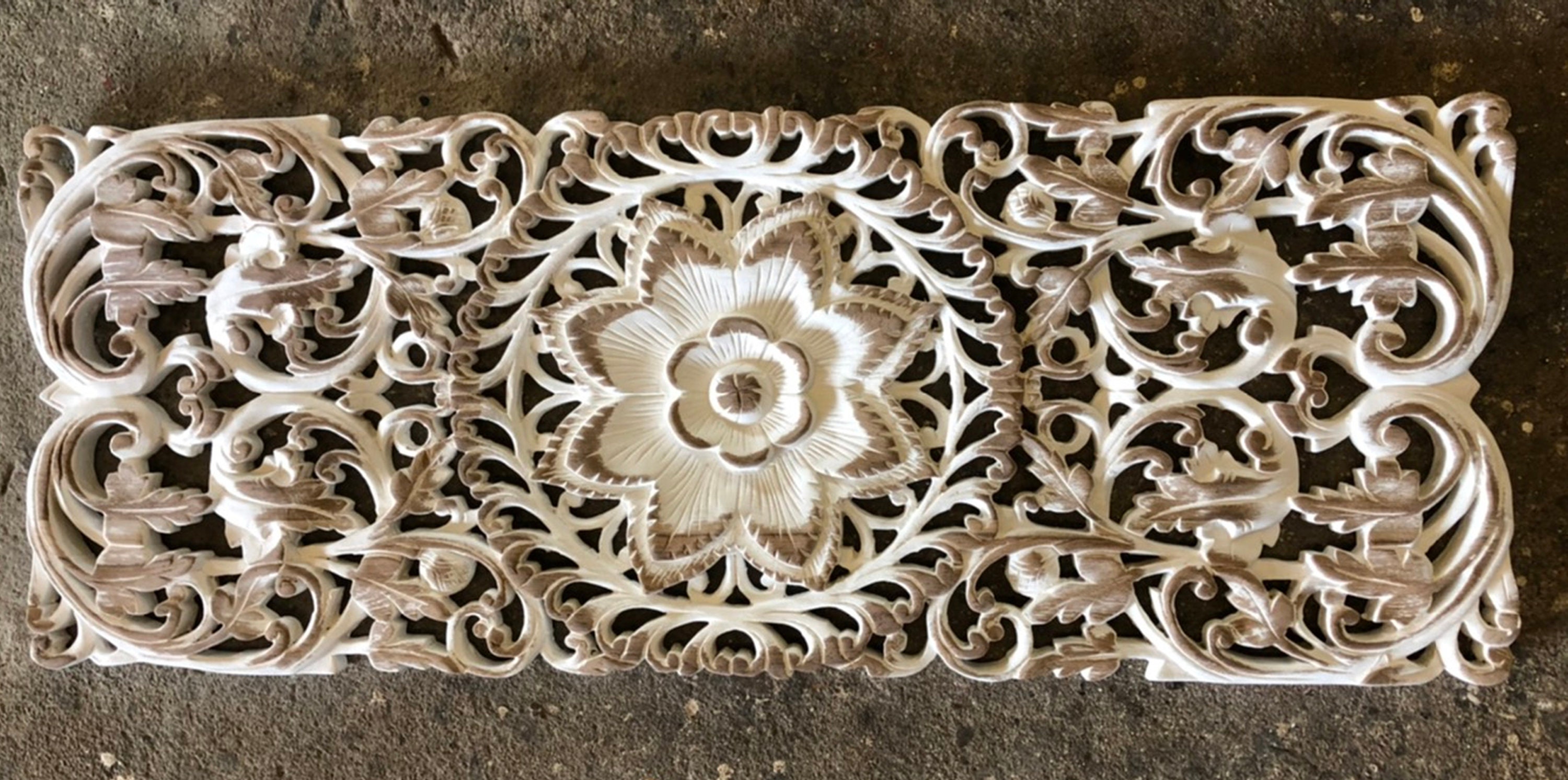 35.5" Brown White Floral Tropical Carved Wood Wall Art Panel Rustic ...