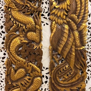 Large Dragon Phoenix Wood Carving Wall Art Hanging Teak Natural Wood Carved Panels Chinese Sculpture Wooden Wall Art Bed Headboard Asian 72&quot;