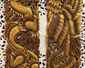 Chinese Dragon Phoenix Wood Wall Hanging,Wood Carved Dragon Wall Art, Wood Dragon Bird Sculpture, Wood Carved Fantasy,Carve 0riental Panels