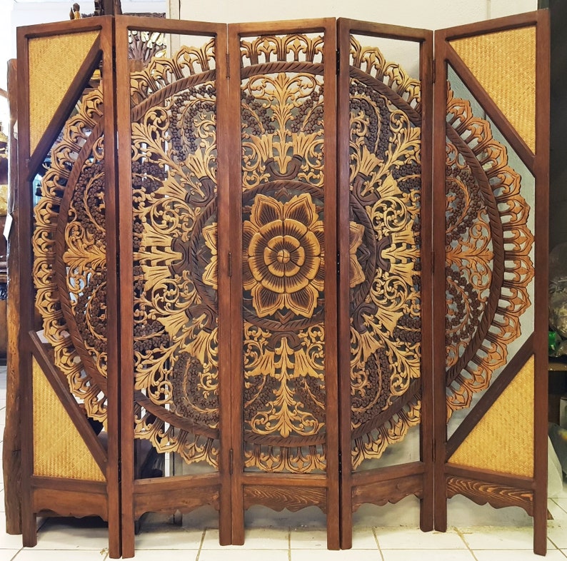 Boho Room Divider Mandala Carved Wood Wall Art Folding Screen Etsy