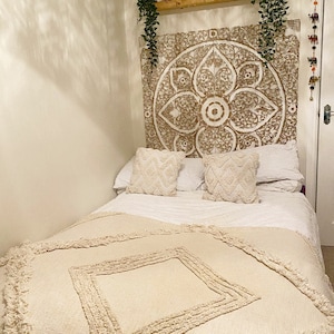 47&quot; White Queen Size Carved Wood Bed Headboard  Twin Bed Reclaimed Teak Wood Wooden Large Wall Art Panels Lotus Flower