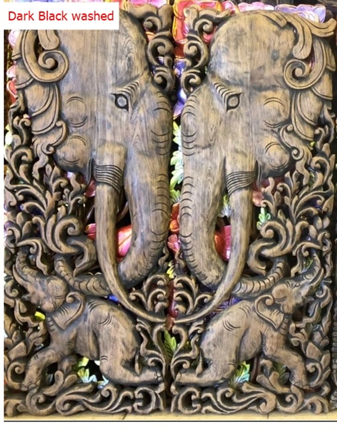 Elephant Wall Mounted Wood Carving 2 Panel, Carved Wood Elephant Panel