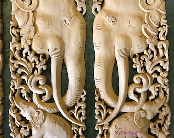 Elephant Wood Carving Panels, Carved Wood Elephant Panel 2 Pc, Natural Thick Wooden Plaques,Thai Elephant Panel, Teak Wall Art Hanging 36 In