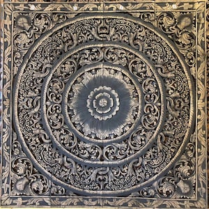 120cm Rustic Black Mandala Wood Carving Twin Headboard, Mandala Wood Wall Mounted Hanging, Reclaimed Teak Wooden Asian Headboard Thai 48&quot;