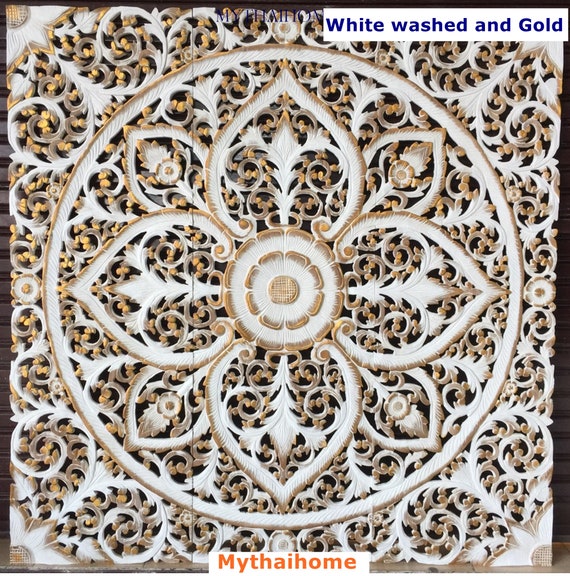 White Washed Gold Queen Bed Headboard Carved Teak Wood Etsy