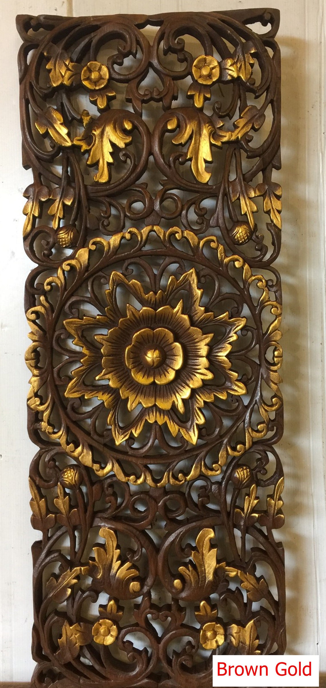 35.5" Brown White Floral Tropical Carved Wood Wall Art Panel Rustic ...