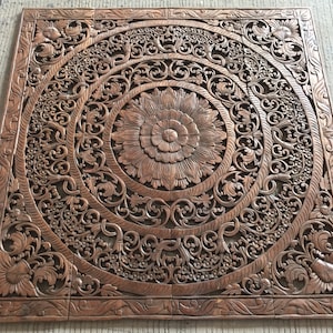 Mandala Queen Bed Headboard 47 inch Sculpture Lotus Flower Wooden Hand Carved Carving Teak Wood White Washed Art Panel Wall Decor Thai 48