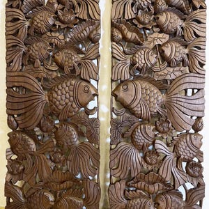 2 Pcs Fish Wood Carved Panel 14 x 36 inches, Natural Color Wood Carving Panel, Traditional Thai Wood Carve Wall Art Hanging Asian Art Teak