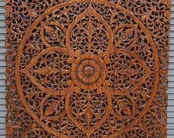 Brown Mandala Wood Carving Panel 90 x 90cm Large Square Wooden Panel Teak Wood Carved Plaque Wall Art Hanging Twin Headboard Set of 3 Panel