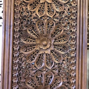 200cm Large California King Bed Teak Door Bohemian Headboard Thailand Wood Carving Carved Wood Wall Art Lotus Mandala Brown Wooden Door