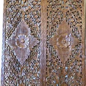 2 Pcs Mandala Wood Carving Panel Natural Color Wooden Panel Wall Art Hanging 14 x 36 inches Teak Wooden Carved Panel Home Decor Thai Carving
