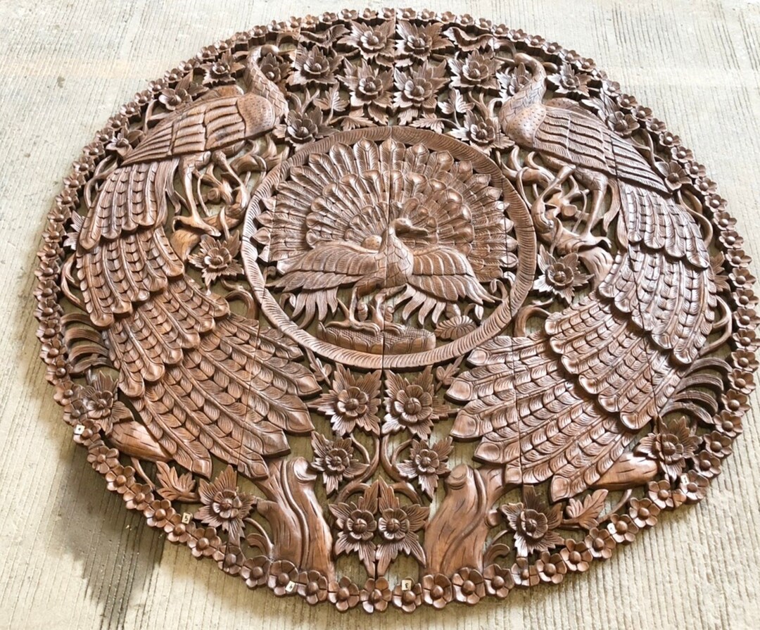 Round Large Wood Wall Art Carved Wooden Peacock Birds Thai Etsy