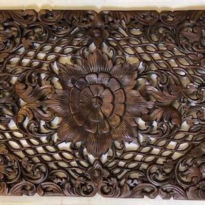 59" Decorative White Queen Bed Headboard Bohemian Mandala Lotus Flower Wooden Hand Carved Carving Teak Wood Art Panel Wall Thai Boho Black