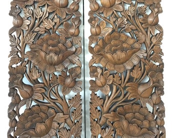 Pair Large Wooden Carved Flower Roses Wood Panel Wall Decor Thai Wood Carving Natural Teak Bohemian Furniture Wedding Gift Outdoor Brown