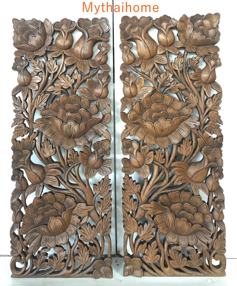 Pair Large Wooden Carved Flower Roses Wood Panel Wall Decor Etsy