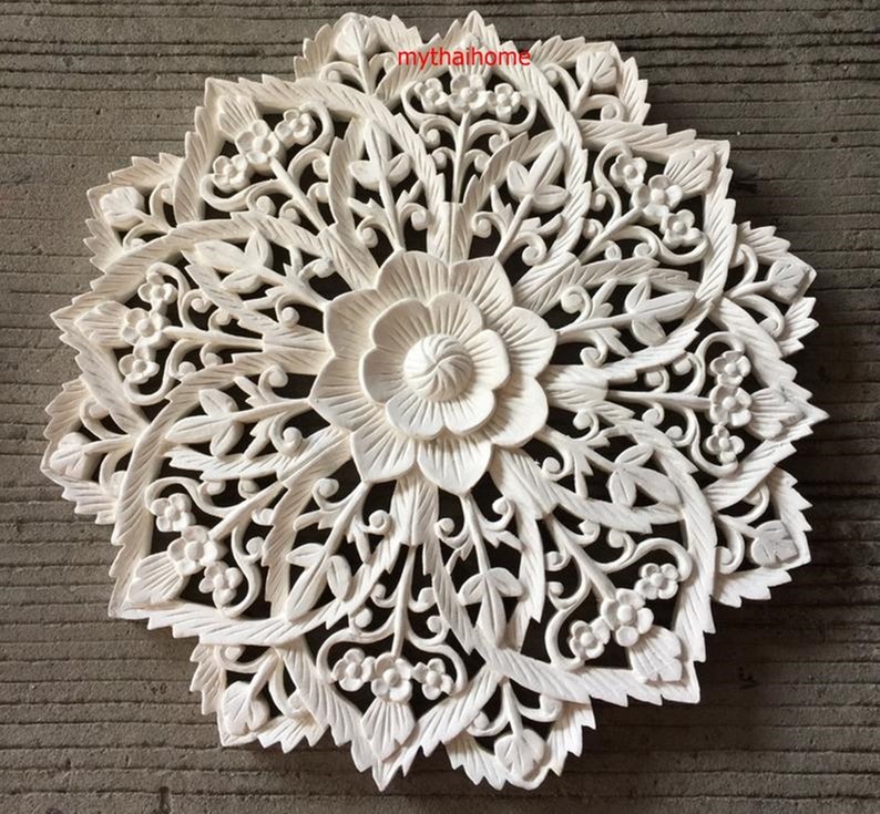 White Wash Wood Mandala Wall Art Carved Lotus Flower 23