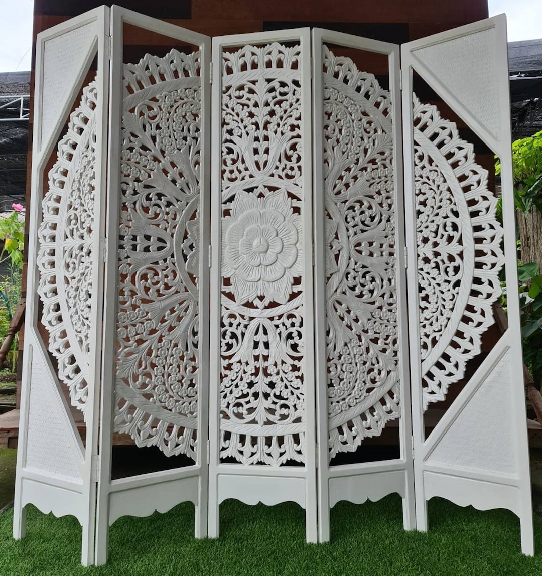 Boho Room Divider Mandala Carved Wood Wall Art Folding Screen Panels