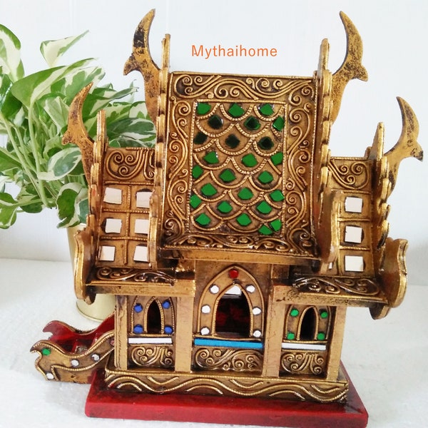 Thai Spirit House large,Shrine Spirit House, Thai Temple House Craft, Mosaic Glass Spirit, Handmade Gold Spirit House, Buddha Buddhist House