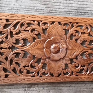 Carved Wall Panel Art Wooden Wall Hanging 90cm Thai Wood Carving Lotus Mandala Decorative White Rustic Reclaimed Teak Natural Wood Headboard