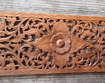 Pannello da parete intagliato in legno, da appendere alla parete, 90 cm, intaglio in legno tailandese, motivo loto mandala, decorativo, bianco, rustico, in teak riciclato, testiera in legno naturale