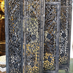 Room Divider Vintage Style Flower Folding Screen Panels Carved Teak Wood Asian Screen Wood Wall Art Thai Wood Carving Wooden King Headboard