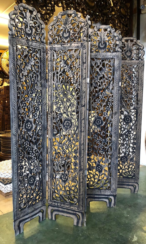 Room Divider Vintage Style Flower Folding Screen Panels Carved Etsy