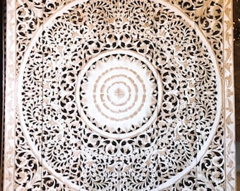 Cabecero de cama King de madera de teca lavada blanca, 72 ", 6 pies, flor de loto, Mandala, madera, tallado a mano, panel de arte, pared, decoración asiática para el hogar, tailandés, 180cm