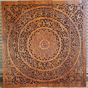Sale White Washed Queen Size Bed Teak Natural Wood Carved Bohemian Mandala Rustic Headboard Lotus Flower Panels Wall Art Decor Thailand 59&quot;