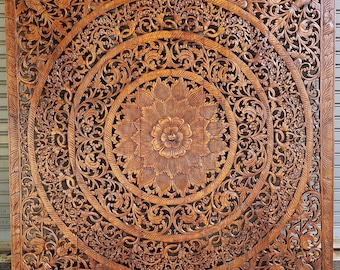 Sale White Washed Queen Size Bed Teak Natural Wood Carved Bohemian Mandala Rustic Headboard Lotus Flower Panels Wall Art Decor Thailand 59"