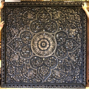 Mandala Headboard King, Teak Headboard King, Carved wood headboard king Black washed, Teak Carved Wall Art Panel, Large wood wall Art Panels