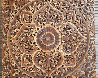 76" Large California King Size Bed Thai Wood Carving Bohemian Headboard Lotus Mandala Carved Wooden Panels White Washed Wall Art Flower