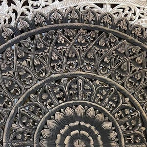Reclaimed Wood Mandala Wood Carving Panel 30 x 60 inch Half Dome Headboard Queen Asian Art Thai Wood Wall Art Decor Wall Hanging Teak Carved