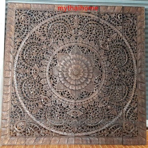 Large King Size Bed Mandala Headboard Decorative Bohemian Lotus Flower Wooden Panel, Hand Carved Teak Art Panel White Wall Home 180cm x 72&quot;