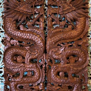 Paar Drachen Holzschnitzerei Wandkunst Hängen Teak Naturholz Geschnitzte Panels Chinesische Skulptur Holzwandkunst Bett Kopfteil Thai Holz Rustikal