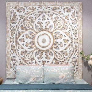Balinese Lotus Queen Size Headboard 60&quot;| Carved Wood Wall Panel | Mandala Floral Teak Wood Art Bali Hand Carved White Queen Boho Headboard