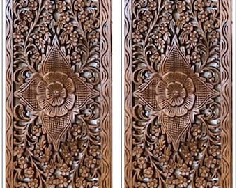 Mandala Wood Carving Panel 2 Pcs Natural Color Wooden Panel Wall Art Hanging 14 x 36 inches Wooden Carved Panel Home Decor Teak wood Carved