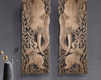 2 PCS Extra thickness Elephant Headed and Forest Wood Carving Elephant Panel 14 x 36 inches Handcraft Wall Art Wall Hanging Decorative Panel