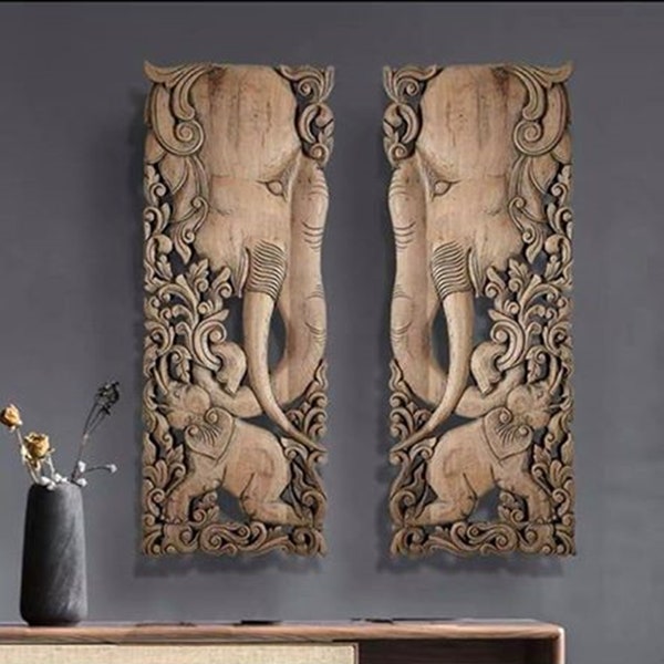 2 x 36 inches Rustic White Teak Natural Wood Carved Elephant Head Wall Decor Art Bed Headboard Panel Carving Thai Decorative Handmade 36" 36