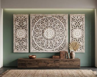 ブラウン木彫りパネルセット 36 x 64 インチ 木製彫刻プレート 壁掛け