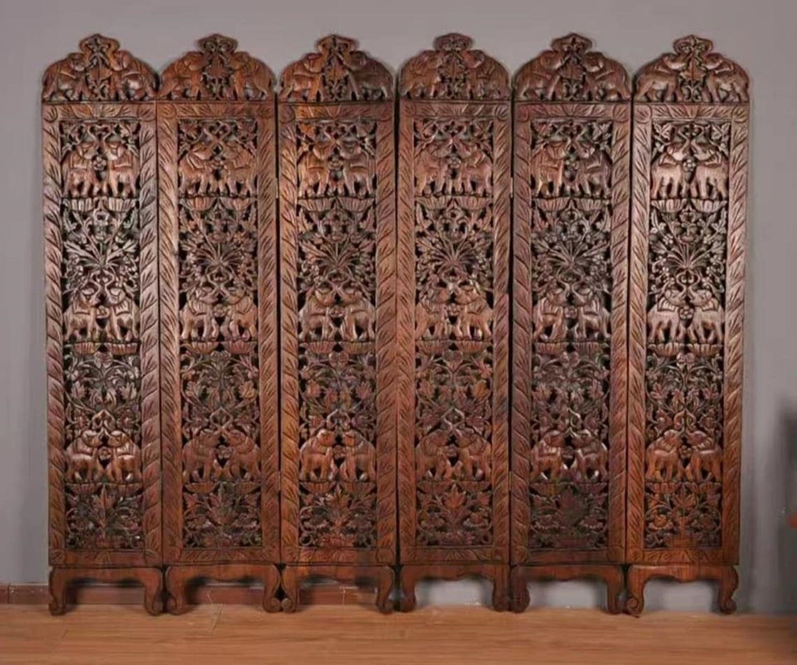 Boho Room Divider Elephant Folding Screen Panels Carved Teak Etsy